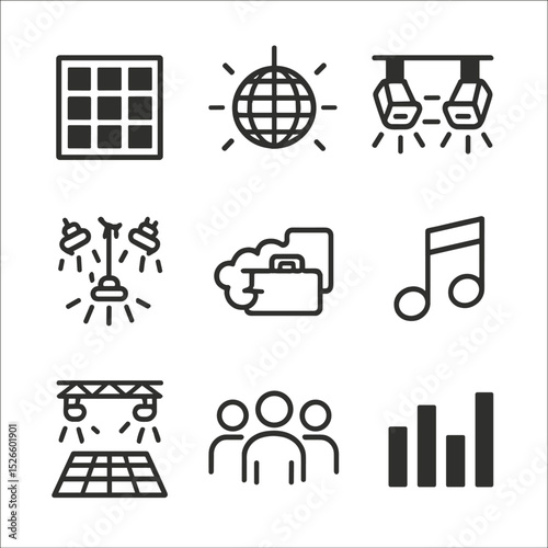 Festival Dance Floor Icons. Outline icon set of festival dance floor lights: LED panels, disco ball, flashing lights, fog machine,