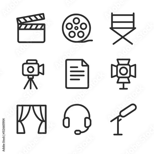 Film Production Icons. Outline icon set of behind the scenes: clapperboard, film reel, director’s chair, camera tripod, script