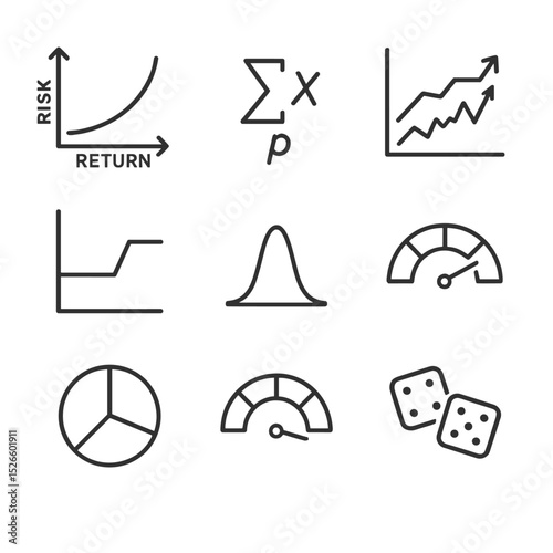 Finance Icon Grid. Outline icon set of probability in finance: risk–return curve, expected value formula, stock probability chart,
