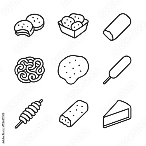 Festival Snack Icons. Outline icon set of festival and fair snacks: deep-fried oreo, fried pickles, fried Twinkie, funnel cake,