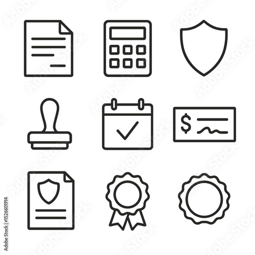 Finance Icons Set. Outline icon set of taxes and insurance: tax form, calculator, shield icon, premium invoice, audit stamp,
