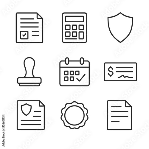 Finance Icons Set. Outline icon set of taxes and insurance: tax form, calculator, shield icon, premium invoice, audit stamp,