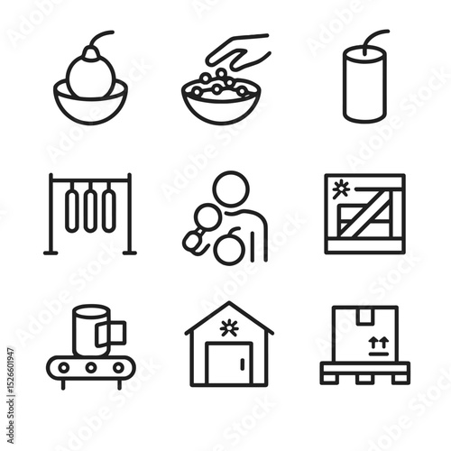 Fireworks Manufacturing Icons. Outline icon set of fireworks manufacturing steps: shell assembly, star rolling, fuse insertion,