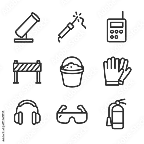 Fireworks Safety Equipment Icons. Outline icon set of fireworks firing equipment: mortar tube, fuse igniter, firing controller,