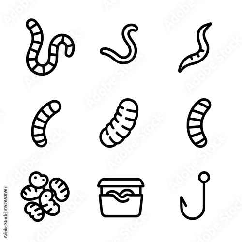 Fishing Bait Icons. Outline icon set of fishing bait worms: nightcrawler, red worm, bloodworm, mealworm, waxworm, tiger worm,