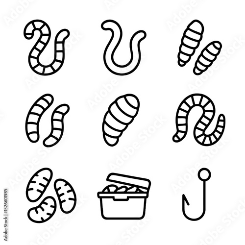 Fishing Bait Icons. Outline icon set of fishing bait worms: nightcrawler, red worm, bloodworm, mealworm, waxworm, tiger worm,