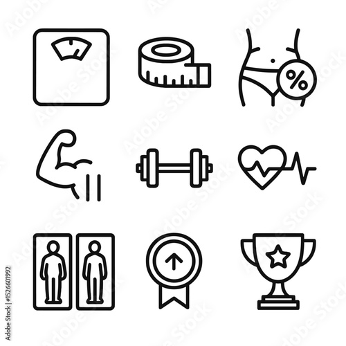 Fitness Metrics Icons. Outline icon set of progress tracking metrics: scale, tape measure, body fat percent, rep count, weight