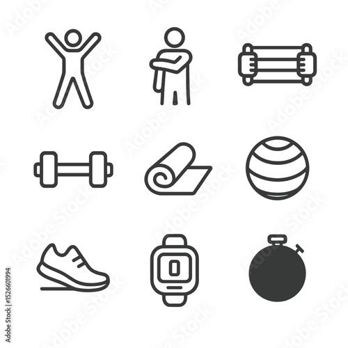 Fitness Icon Set. Outline icon set of fitness and movement breaks: jumping jacks, stretching arm, resistance band, dumbbell, yoga