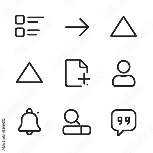 Forum Icon Set. Outline icon set of forum discussion threads: thread list, reply arrow, upvote triangle, downvote triangle, new