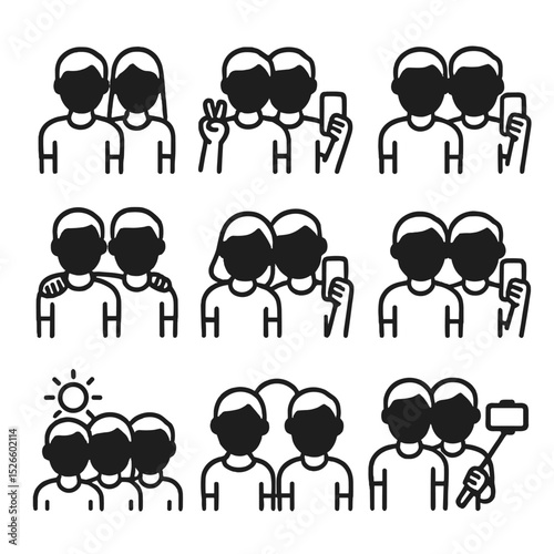 Friends Selfie Icons. Outline icon set of friends group selfie moments: group of three, peace sign, wide smile, arm around