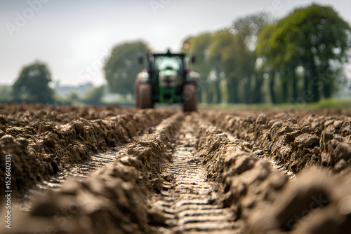 Tractor plowing agricultural field creating furrows in the soil