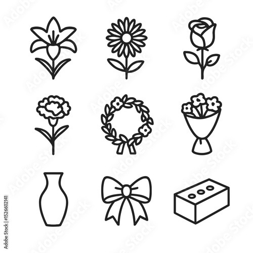 Funeral Flowers Icons. Outline icon set of funeral flower arrangements: lily, chrysanthemum, rose, carnation, wreath, bouquet wrap