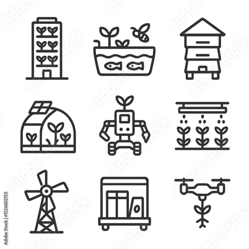 Futuristic Farming Icons. Outline icon set of agricultural utopia farms: vertical farm tower, aquaponic trough, pollinator hive,