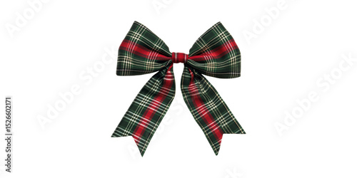 Plaid Tartan Bow With Red And Green Pattern. Festive Decoration For Holidays And Gifts Isolated On Transparent Background