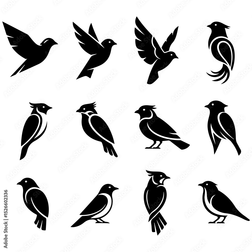 Fototapeta premium A beautiful and editable collection of artistic, elegant bird silhouettes for graphic design
