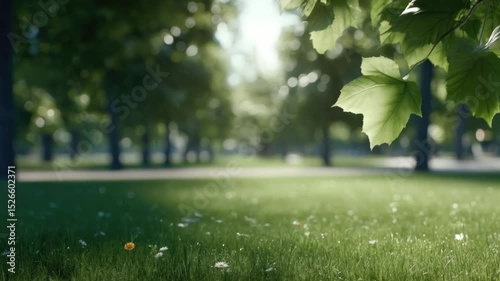 Beautiful sunny day in a serene green landscape with trees and soft grass under a clear blue sky