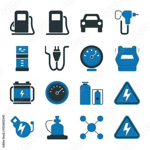 vector icons to vehicle fueling and charging a gasoline pump, an electric vehicle plug hydrogen mole