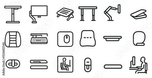 Ergonomic office furniture and accessories icon set for modern workspace design