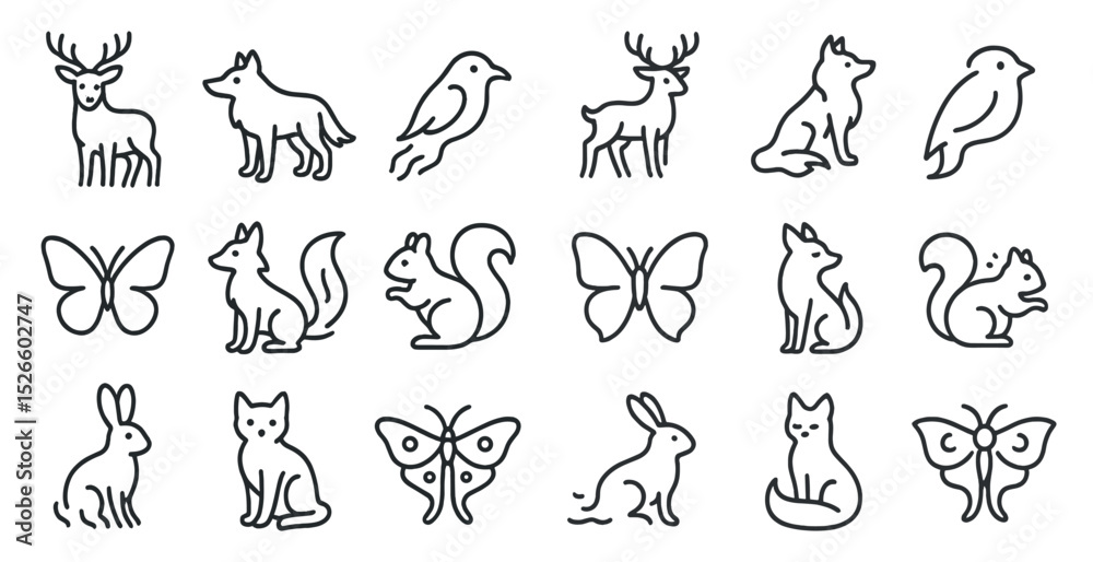 Fototapeta premium Minimalist animal icons set for graphic design and decoration