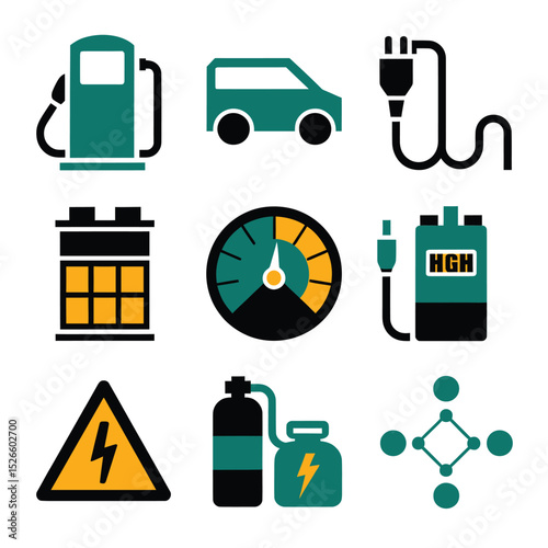 vector icons to vehicle fueling and charging a gasoline pump, an electric vehicle plug hydrogen mole