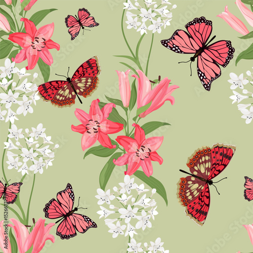 Seamless vector illustration with delicate lilies and butterflies. For decorating textiles, packaging.