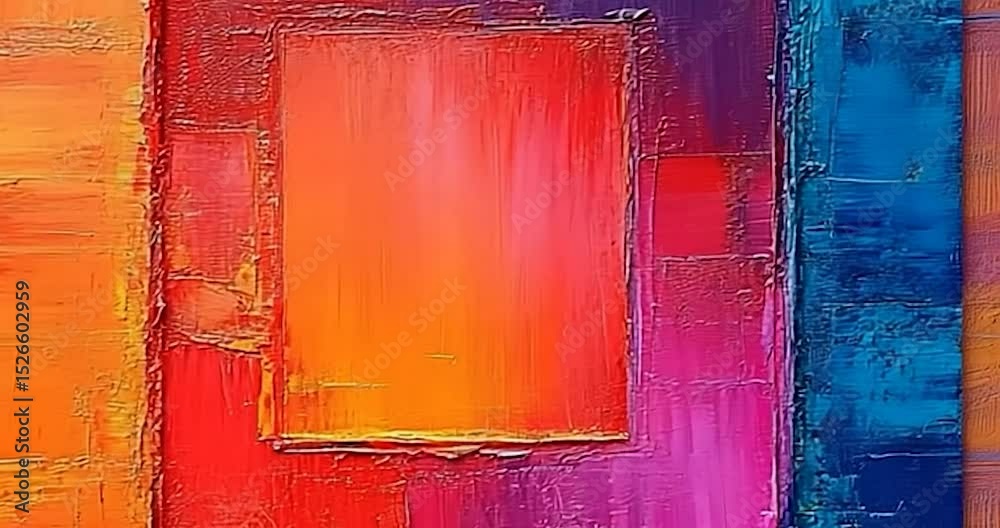 A close-up view of an abstract painting with bright colors and textures, the painting has bold color blocks, brushstrokes, and textures