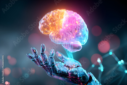 Robotic hand holding glowing digital brain representing artificial intelligence