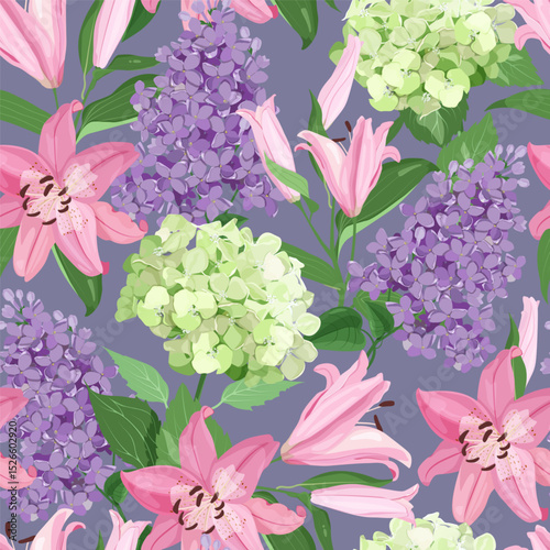 Seamless vector illustration with delicate lilies, hydrangeas and lilacs on a purple background. For decorating textiles, packaging.