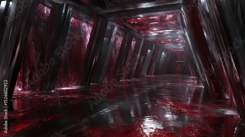 A long, dark corridor with blood-red liquid pools.