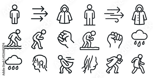 Weather and clothing icons: wind, rain, and human actions for design projects