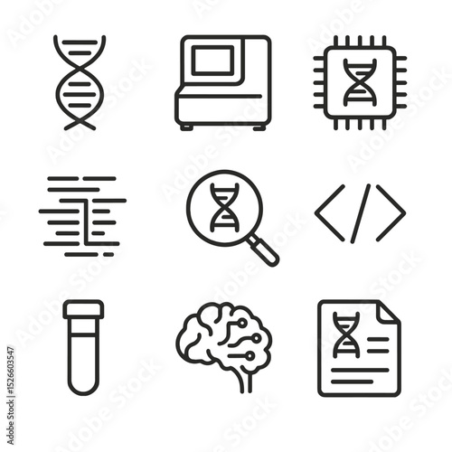 Genomic Diagnostics Icons. Outline icon set of genomic sequencing diagnostics: DNA helix, sequencing machine, gene chip, data