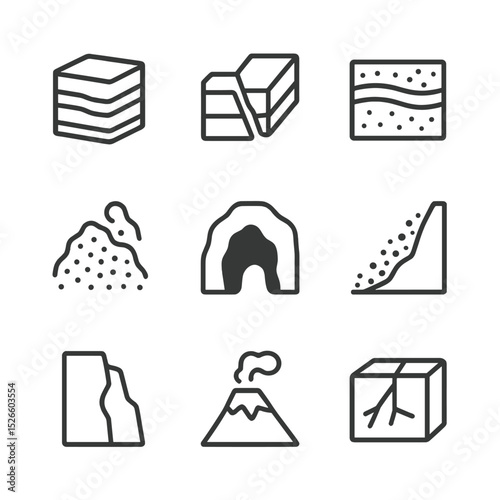 Geological Features Icons. Outline icon set of geological features: rock stratum, fault line, sediment layer, glacial moraine,