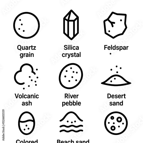 Geological Sand Icons. Outline icon set of geological sand types: quartz grain, silica crystal, feldspar fragment, volcanic ash,