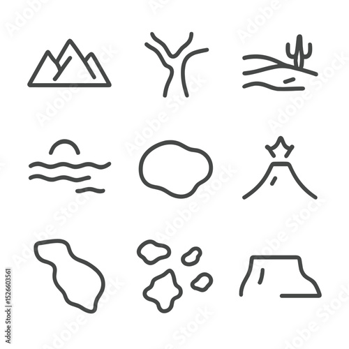 Geographic Icon Set. Outline icon set of geographic features: mountain range, river delta, desert expanse, coastal beach, inland
