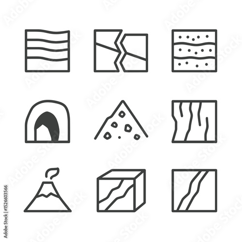 Geological Features Icons. Outline icon set of geological features: rock stratum, fault line, sediment layer, glacial moraine,