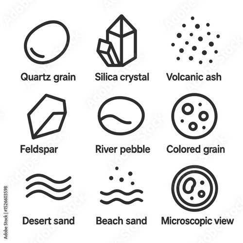 Geological Sand Icons. Outline icon set of geological sand types: quartz grain, silica crystal, feldspar fragment, volcanic ash,