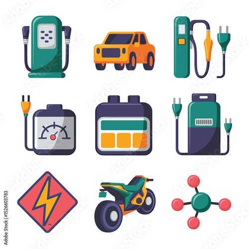vector icons to vehicle fueling and charging a gasoline pump, an electric vehicle plug hydrogen mole