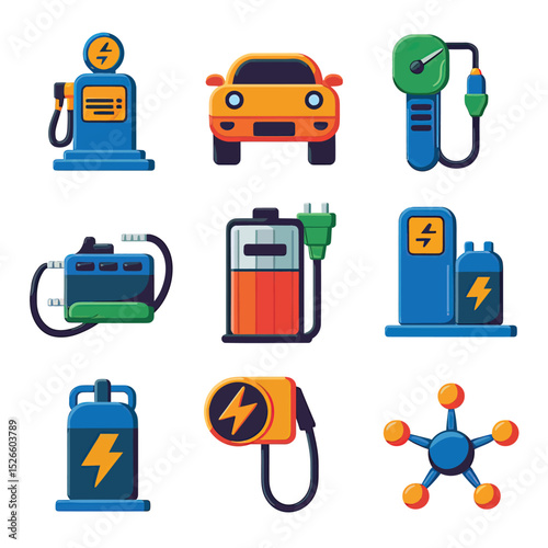 vector icons to vehicle fueling and charging a gasoline pump, an electric vehicle plug hydrogen mole