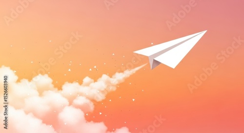 White paper airplane soaring through a vibrant orange and pink gradient sky with fluffy clouds