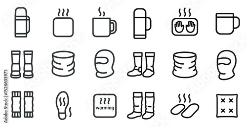 Winter warming essentials: thermos, heated mug, and cozy gloves icons