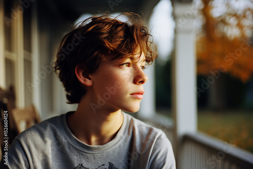 A boy with brown hair is sitting on a porch Free Download A boy with brown hair is sitting on a porch - GFXLoad