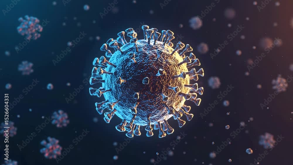 Closeup of a virus particle floating in a dark background with dynamic lighting