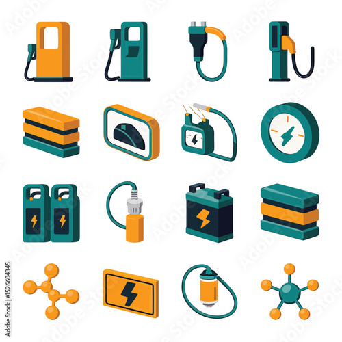 vector icons to vehicle fueling and charging a gasoline pump, an electric vehicle plug hydrogen mole