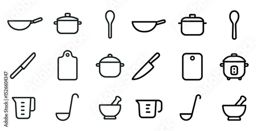 Minimalist kitchen utensil icons for cooking and culinary design projects
