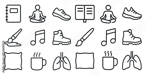 Wellness and creativity concept set with yoga, music, and art icons