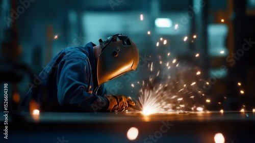 Welder in action surrounded by bright sparks creating an industrial atmosphere