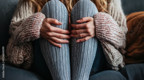 Cozy indoor moment with a person curled up in comfortable knitwear during a relaxed afternoon