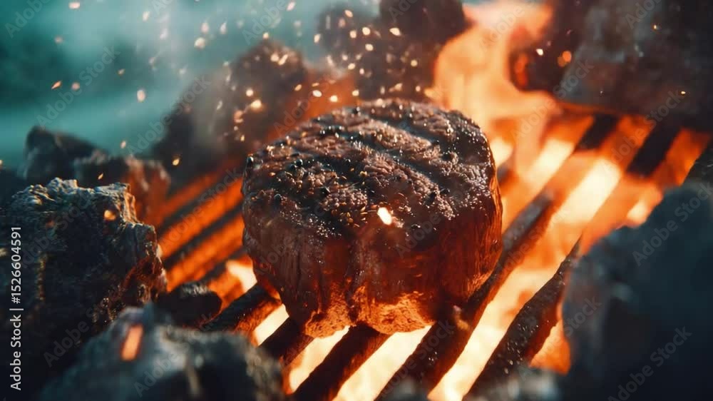 Juicy Steak Cooking Over Open Flame on Grill with Smoke and Ember Glow ...