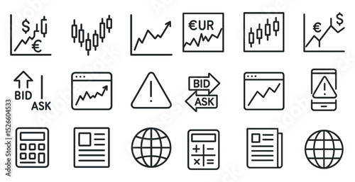 Financial market icons set for trading and investment designs