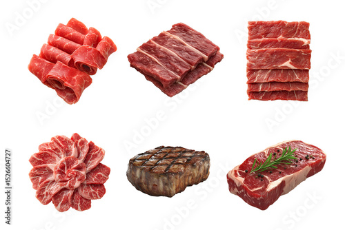 An assortment of different cuts of beef arranged neatly. The image showcases both raw sliced meats and a grilled steak, appealing to culinary enthusiasts and food lovers.